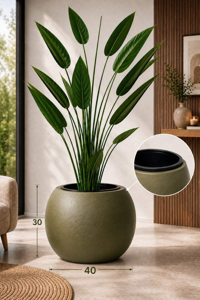 Küre Model ZEYTİN YEŞİLİ 40x28 Yuvarlak Dekoratif Salon Saksısı