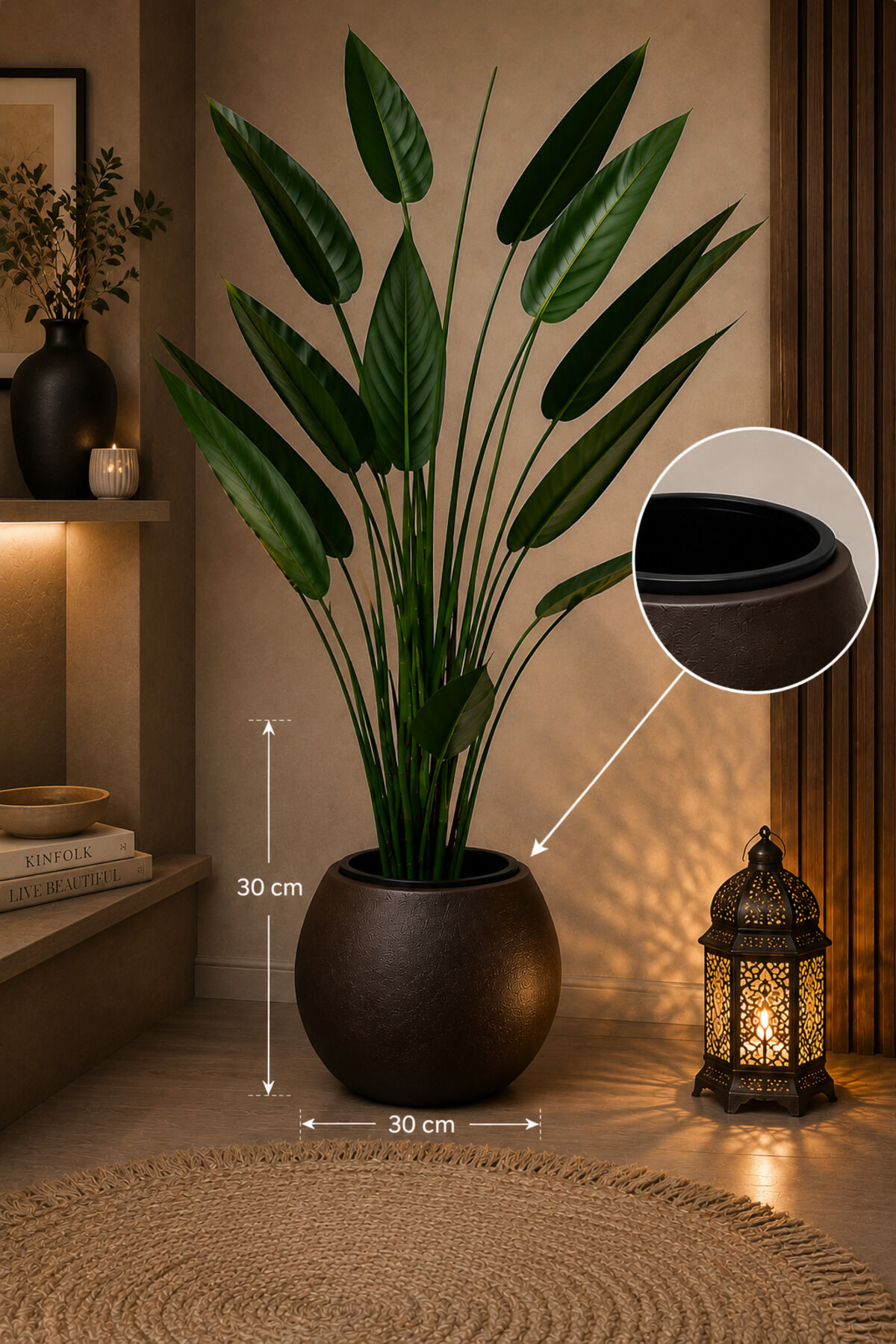 BÜYÜK KOYU KAHVE KÜRE SAKSI 28x40 27.5 litre YUVARLAK SALON SAKSISI