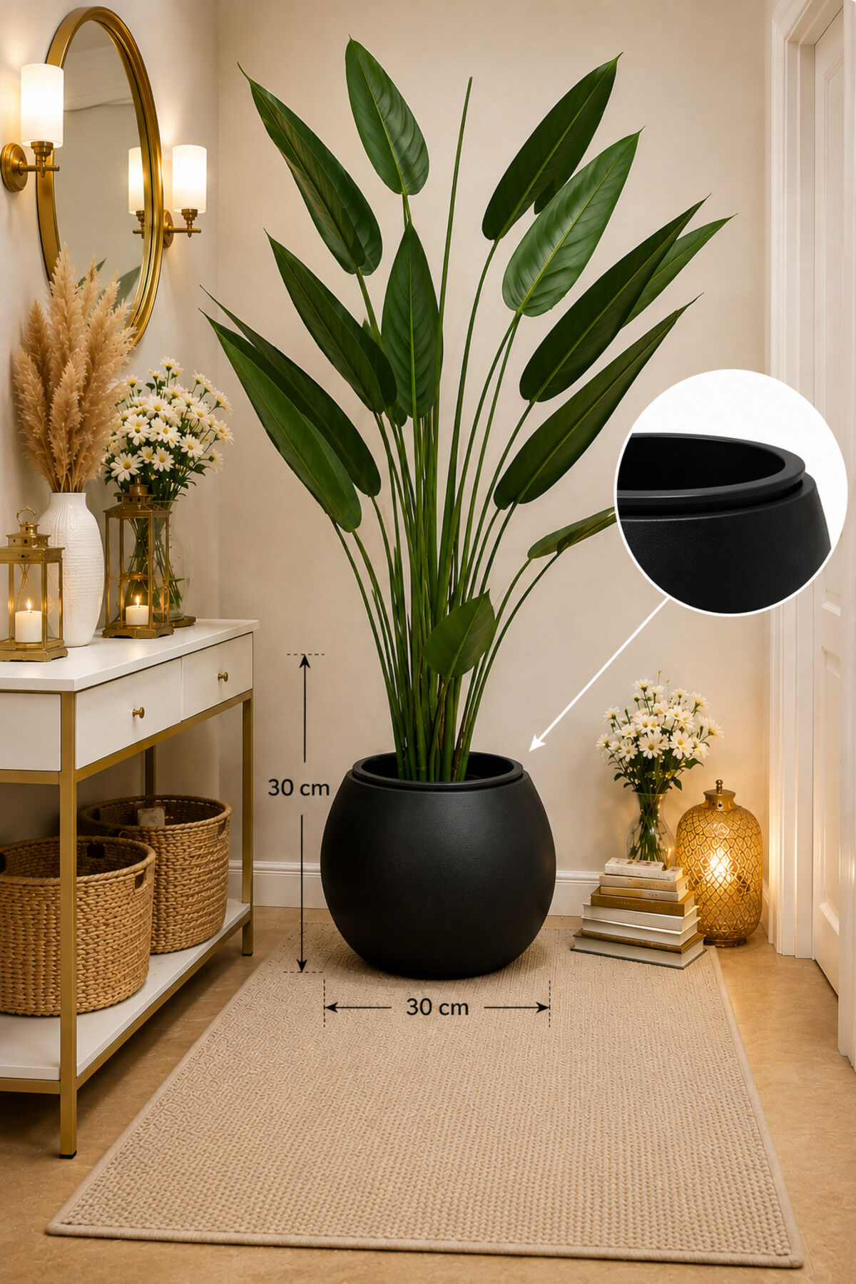 BÜYÜK MAT SİYAH SAKSI YUVARLAK KÜRE 40x25 27.5 litre Salon saksısı