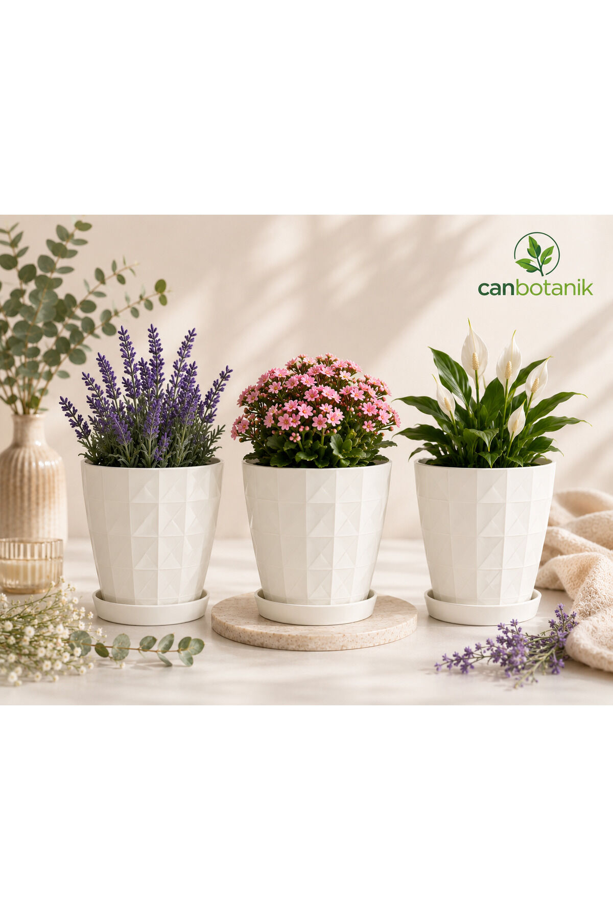 3 adet kırık beyaz desenli dekoratif saksı 12 cm