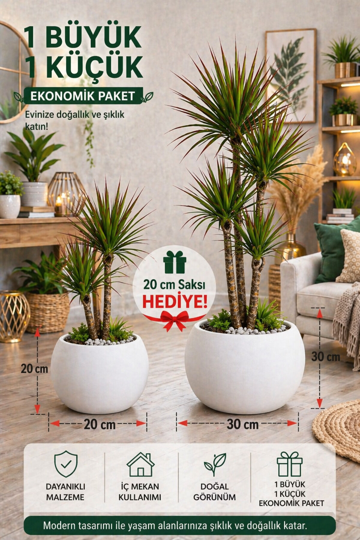 Hediye Salon saksı 20 cm ve 30 cm 2 li Plastik Saksı Şık Modern Saksı İçsiz Beyaz Küre saksı