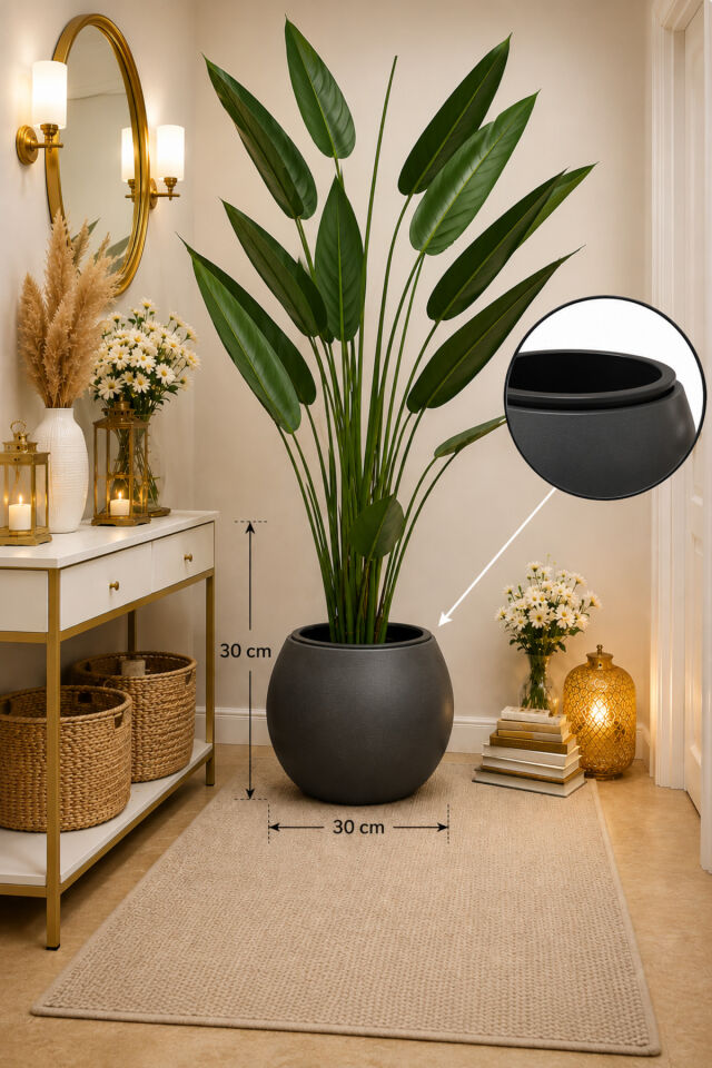 İÇ DRENAJ HAZNELİ ANTRASİT KÜRE 30 SAKSI 39x38 SALON SAKSI Siyah