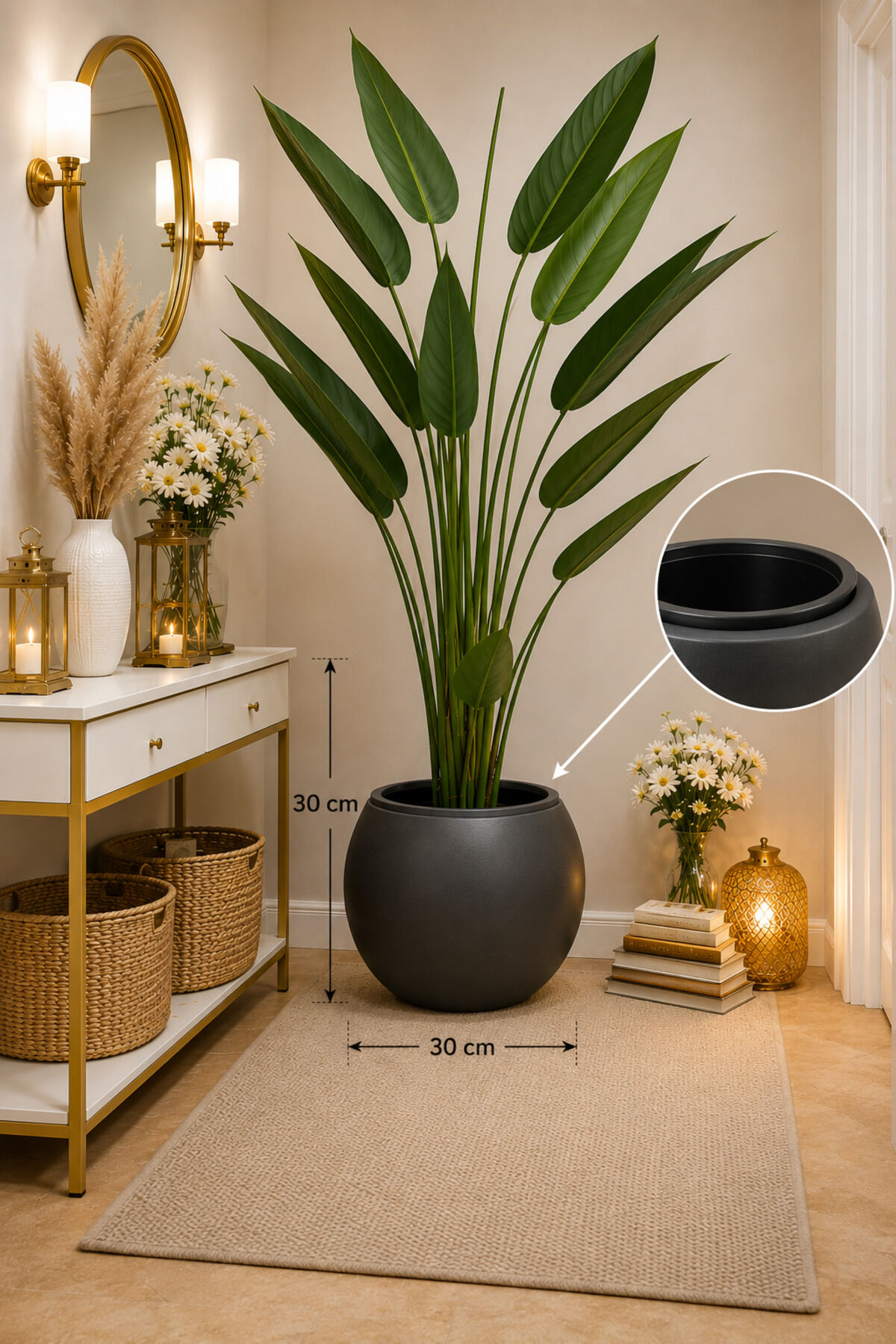 İÇ DRENAJ HAZNELİ ANTRASİT KÜRE 30 SAKSI 39x38 SALON SAKSI Bej