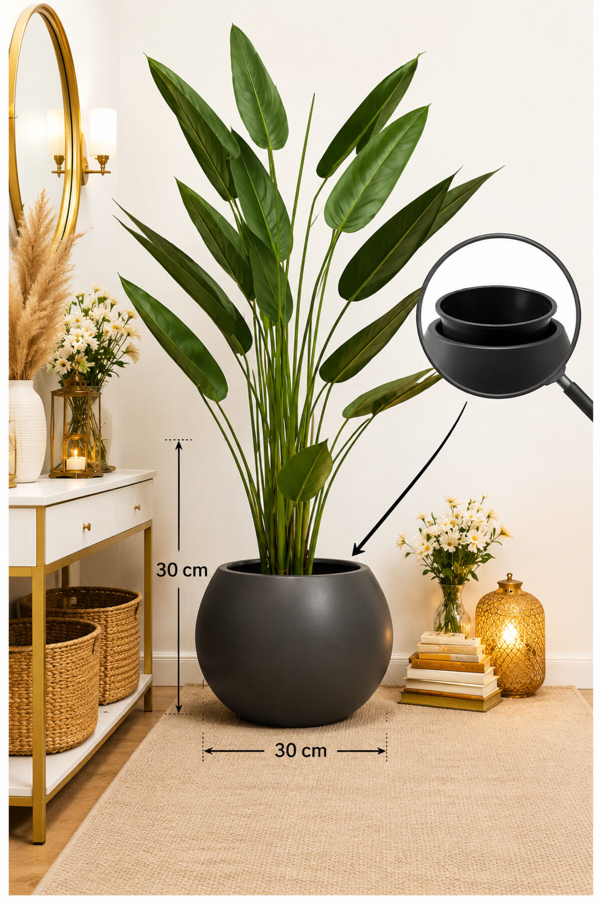 İÇ DRENAJ HAZNELİ ANTRASİT KÜRE 30 SAKSI 39x38 SALON SAKSI Metalik
